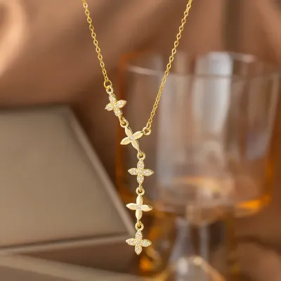 Stainless Steel Micro-inlay Zircon Four-leaf Necklace